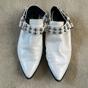 Rebecca Minkoff - white shiny leather size 7 open back booties.